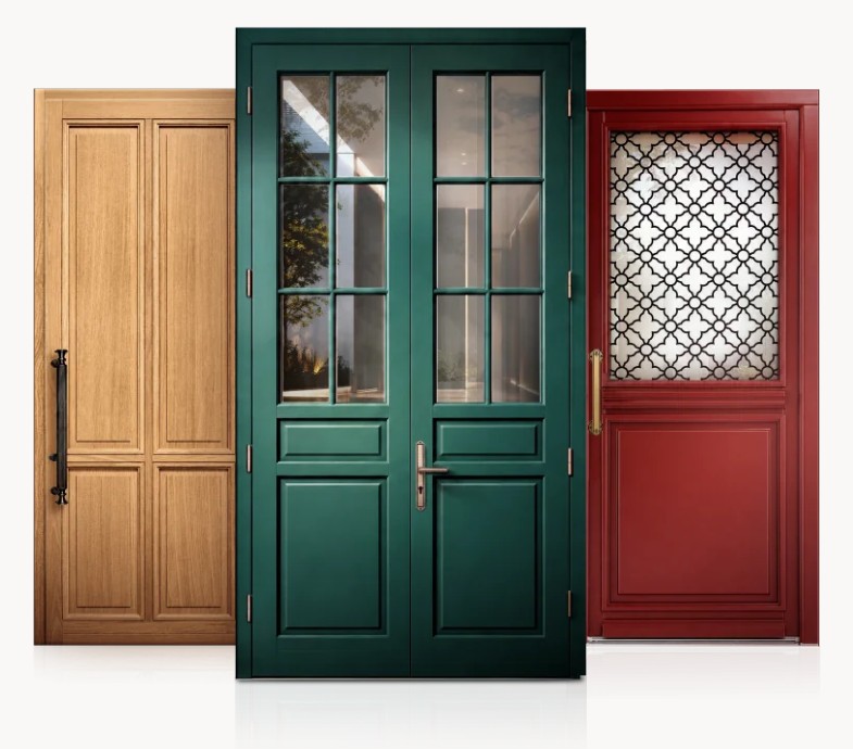 Portes d’entrée en bois : finition naturelle, verte et rouge